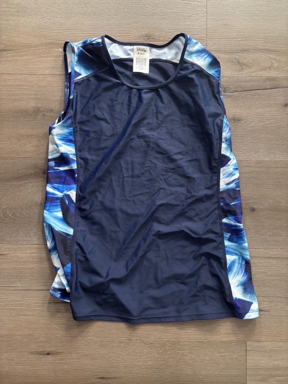 Women’s Navy Blue Tank Swim Top with Blue Patterned Sides Modli
